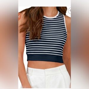 NWOT MEROKEETY Sleeveless Rib Knit Fitted Striped Crop Top. Size Small